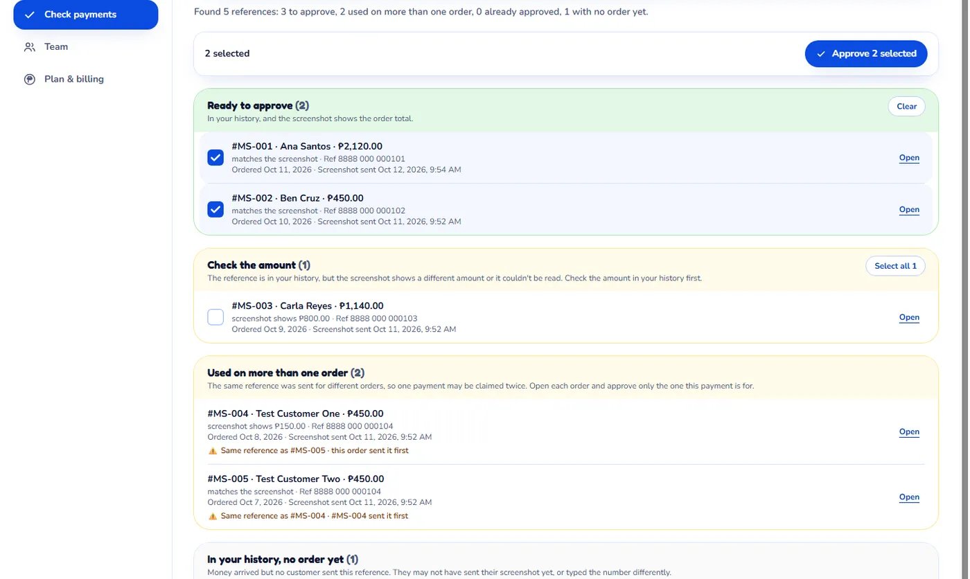 Orverdo's Check payments page grouping orders into ready to approve, check the amount, and used on more than one order